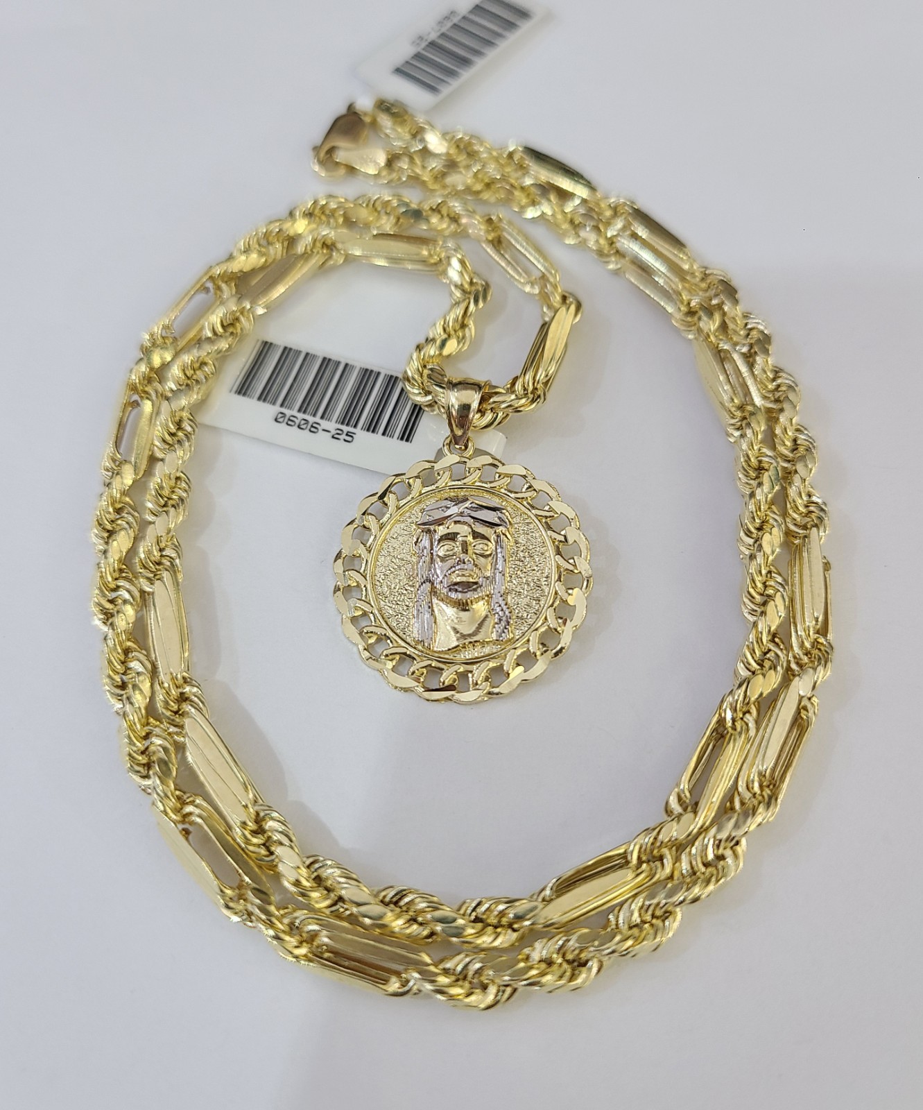 10k Milano Rope Chain Jesus Head Charm Necklace SET 4mm 18″-28″ Pendant