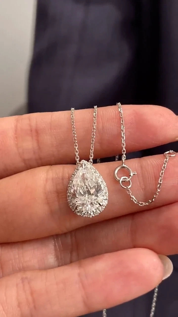 3CT Pear Cut Real Moissanite Halo Women’s Pendant 925 Sterling Silver