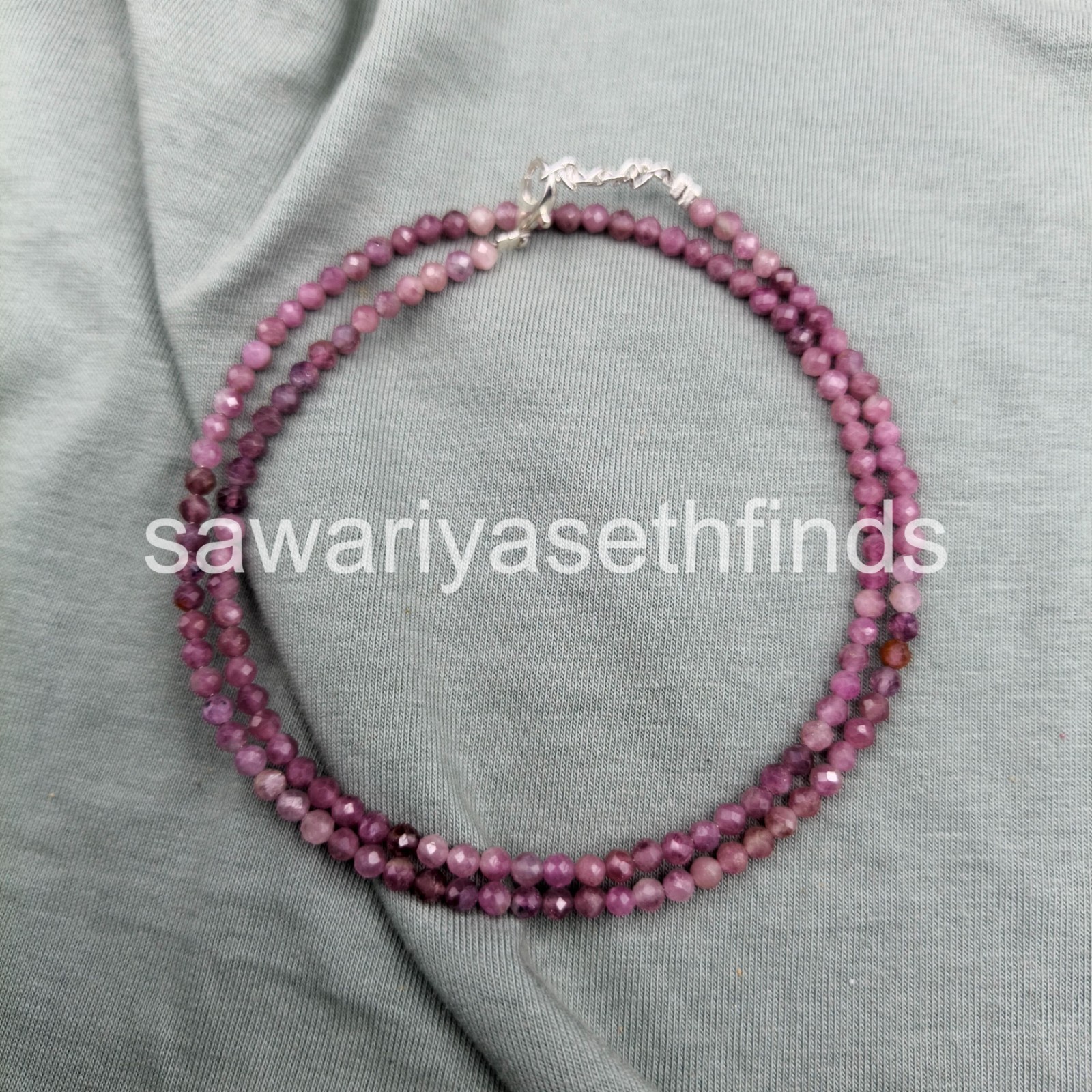 Pink Tourmaline Faceted Beaded Necklace, 3mm Round Beads, Sterling Silver Clasp