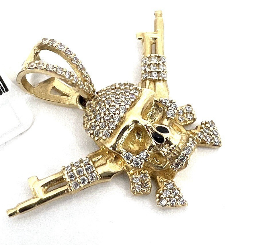 14K Solid Yellow Gold Skull Crossed Rifles Pendant CZ Pave Outlaw Guns