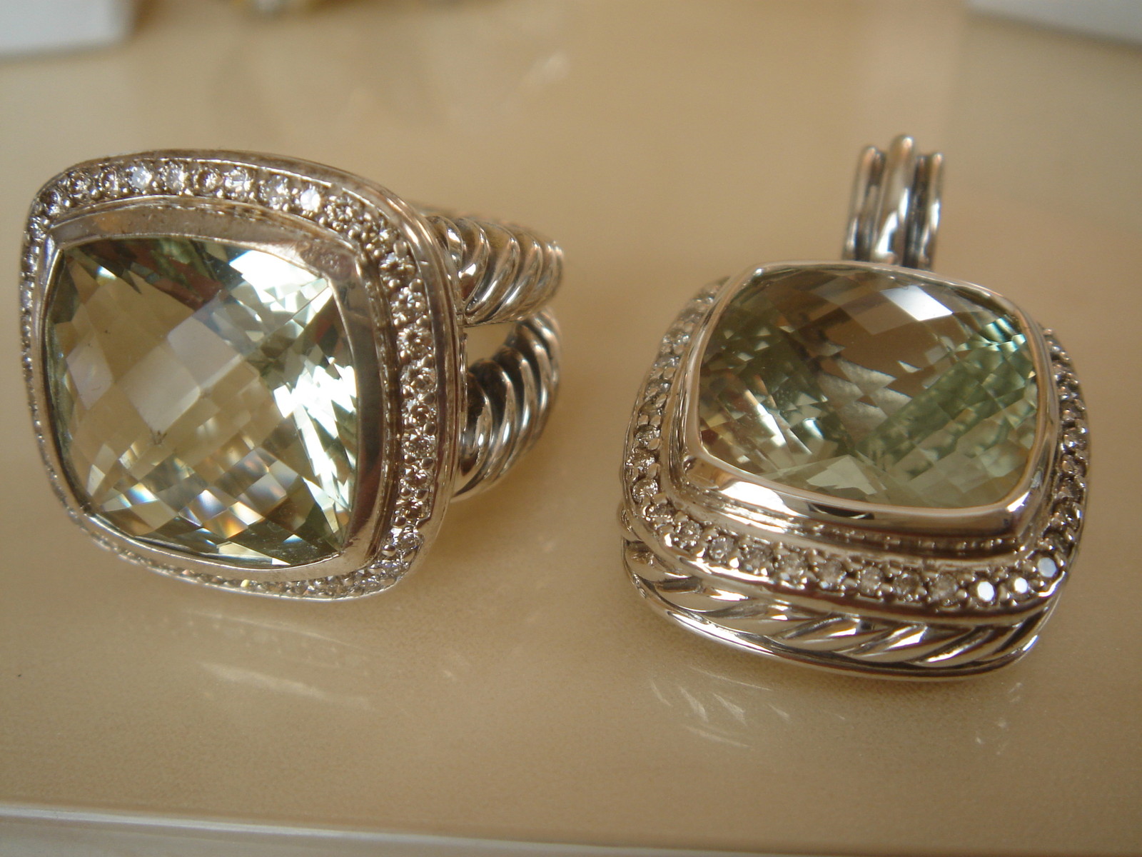 $1500 DAVID YURMAN SS ALBION LARGE PRASIOLITE ( SAGE ) DIAMOND ENHANCER 14mm
