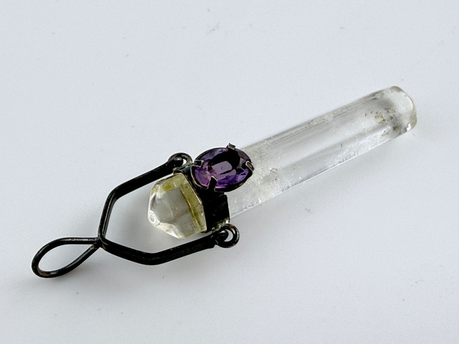 Sterling Silver Quartz Point with Amethyst Accent Pendant 5.4g 2 1/8 Inches