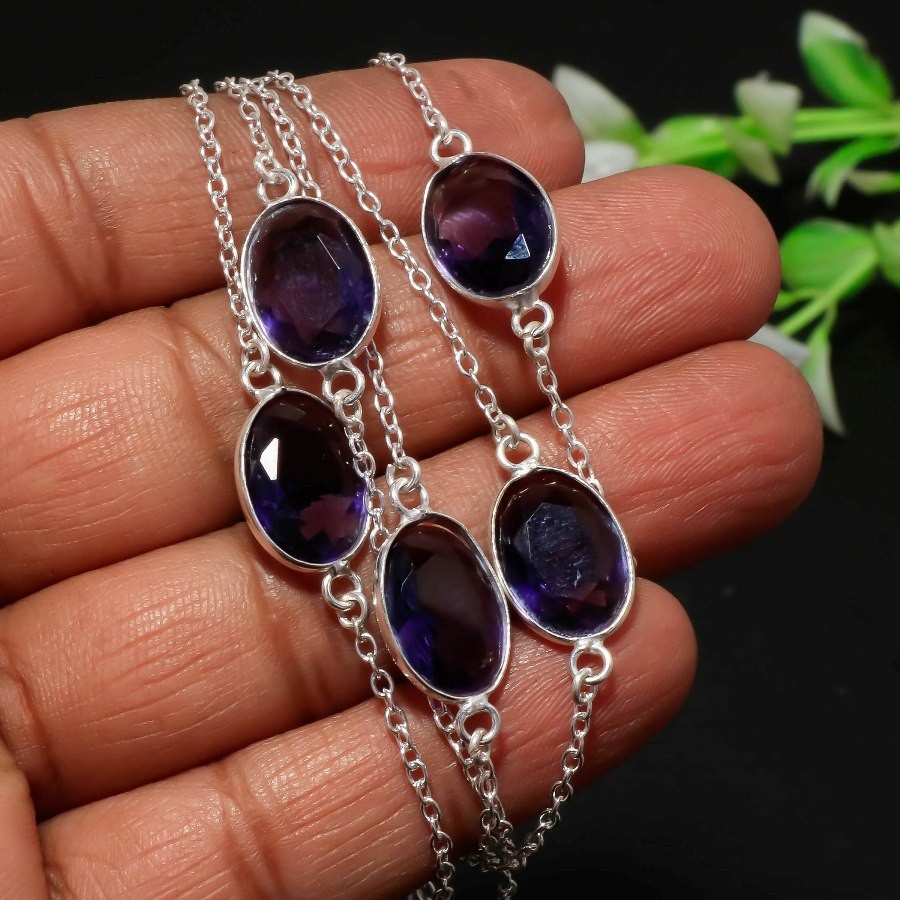 African Amethyst 925 Sterling Silver Oval Gemstone Jewelry Necklace 36″ AAB 258
