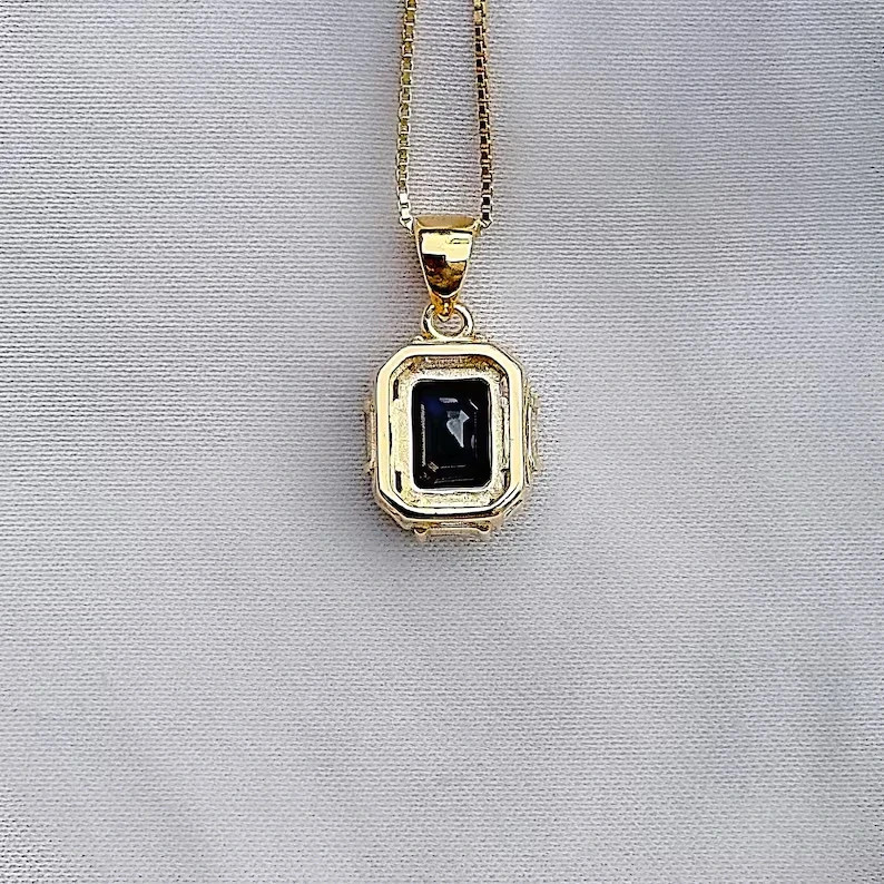 3Ct Emerald Cut Lab Created Sapphire & Diamond Halo Pendant 14K Yellow Gold Over