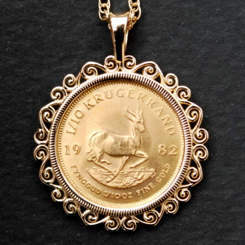 Krugerrand Coin Custom Pendant With Free Chain 14k Yellow Gold Finish