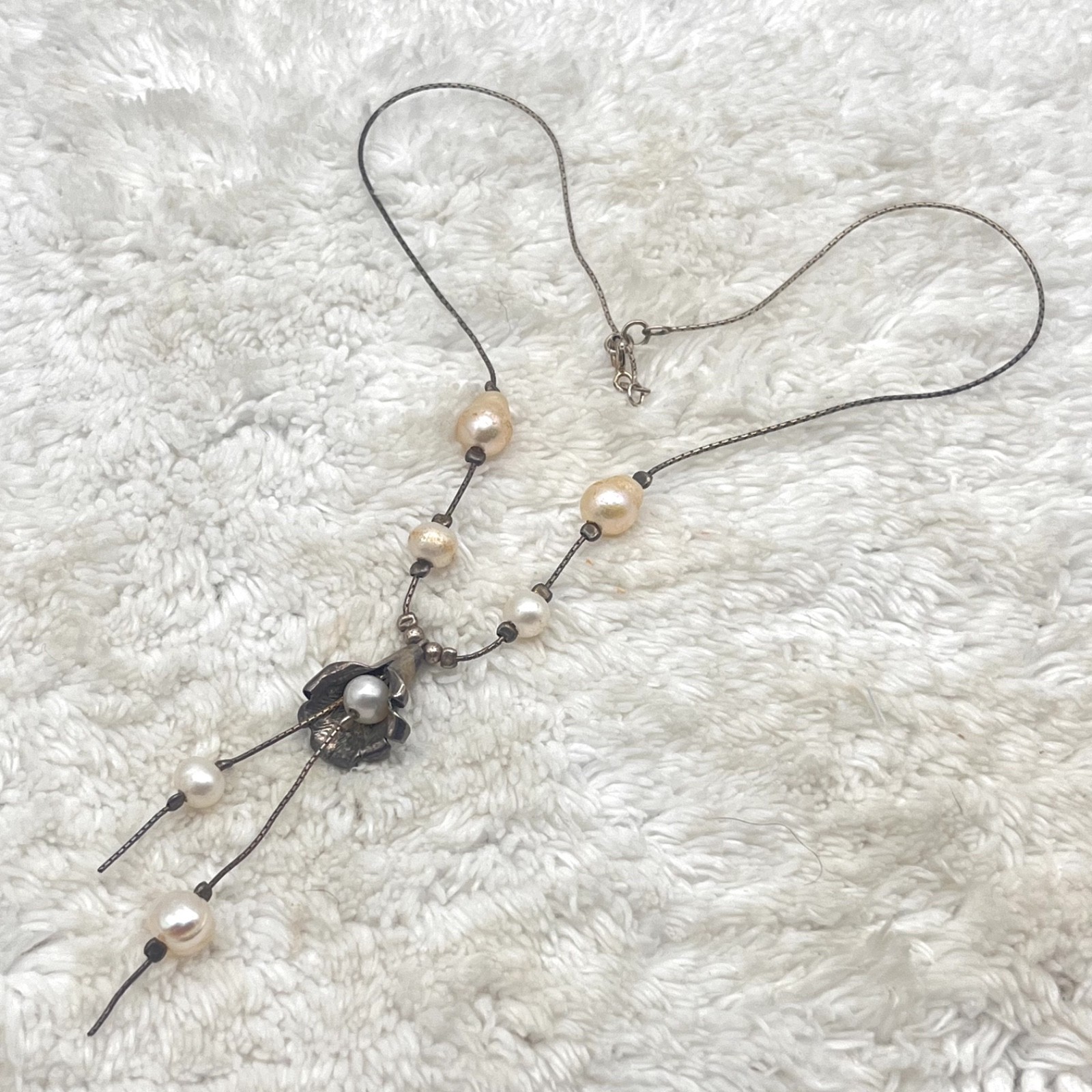 Sterling Silver Flower Necklace Freshwater Pearl Faux Lariat 16″