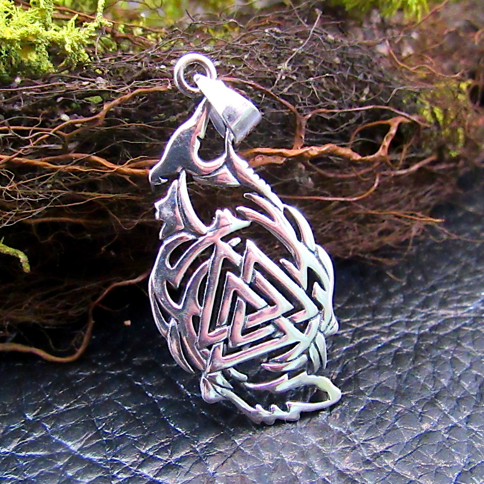 Solid 925 Sterling Silver Fenrir Wolf & Valknut Pendant – Norse / Viking Symbol