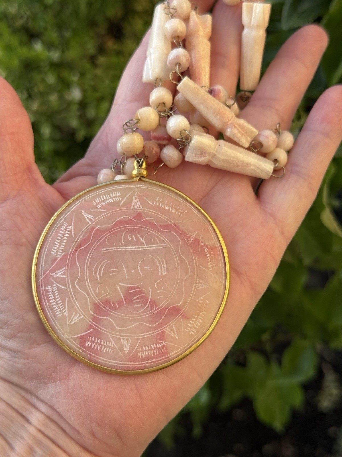 Vintage Artisan Two Toned Carved Pink Quartz Beads Medallion Statement Necklace