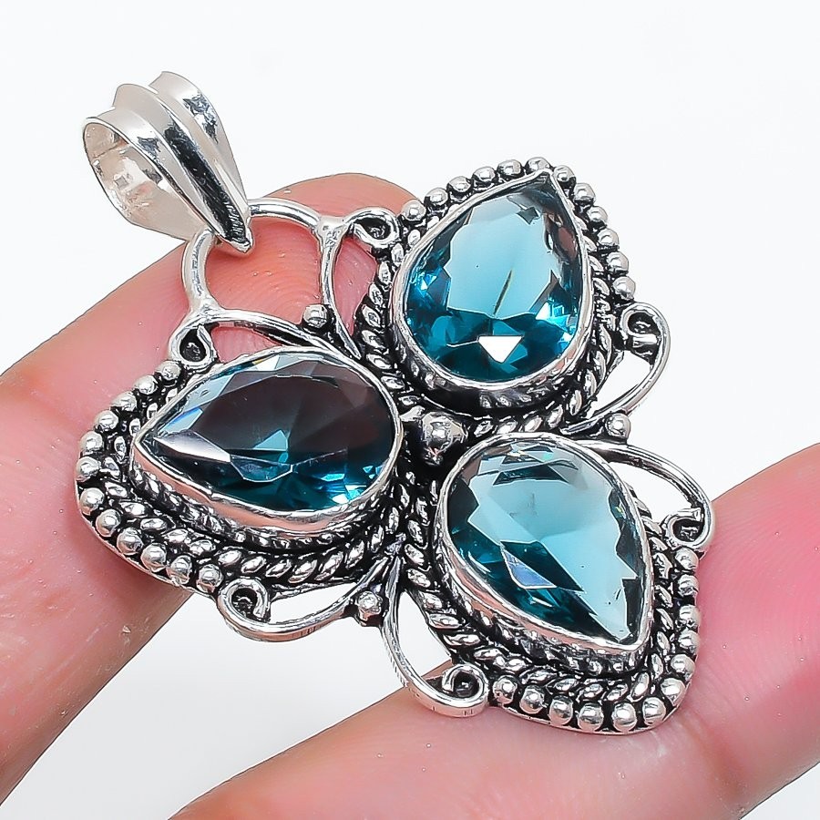 London Blue Topaz Gemstone 925 Sterling Silver Jewelry Pendant Sz 1.80″ For Gift