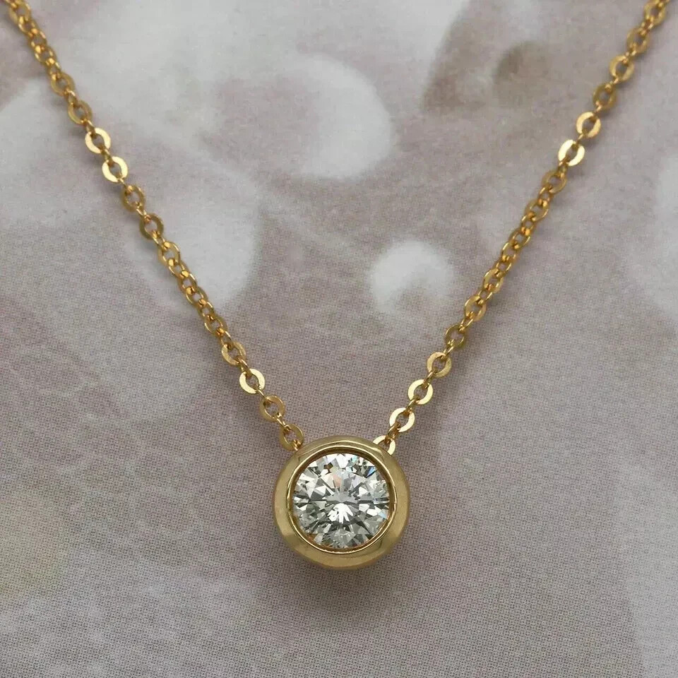 Solid 14K Yellow Gold Over 1.00 Ct Diamond Round Cut Solitaire Pendant Necklaces