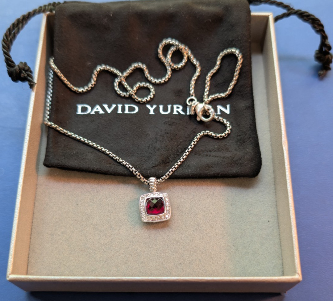 David Yurman Garnet & Diamonds Petite Albion Pendant Necklace Sterling Silver