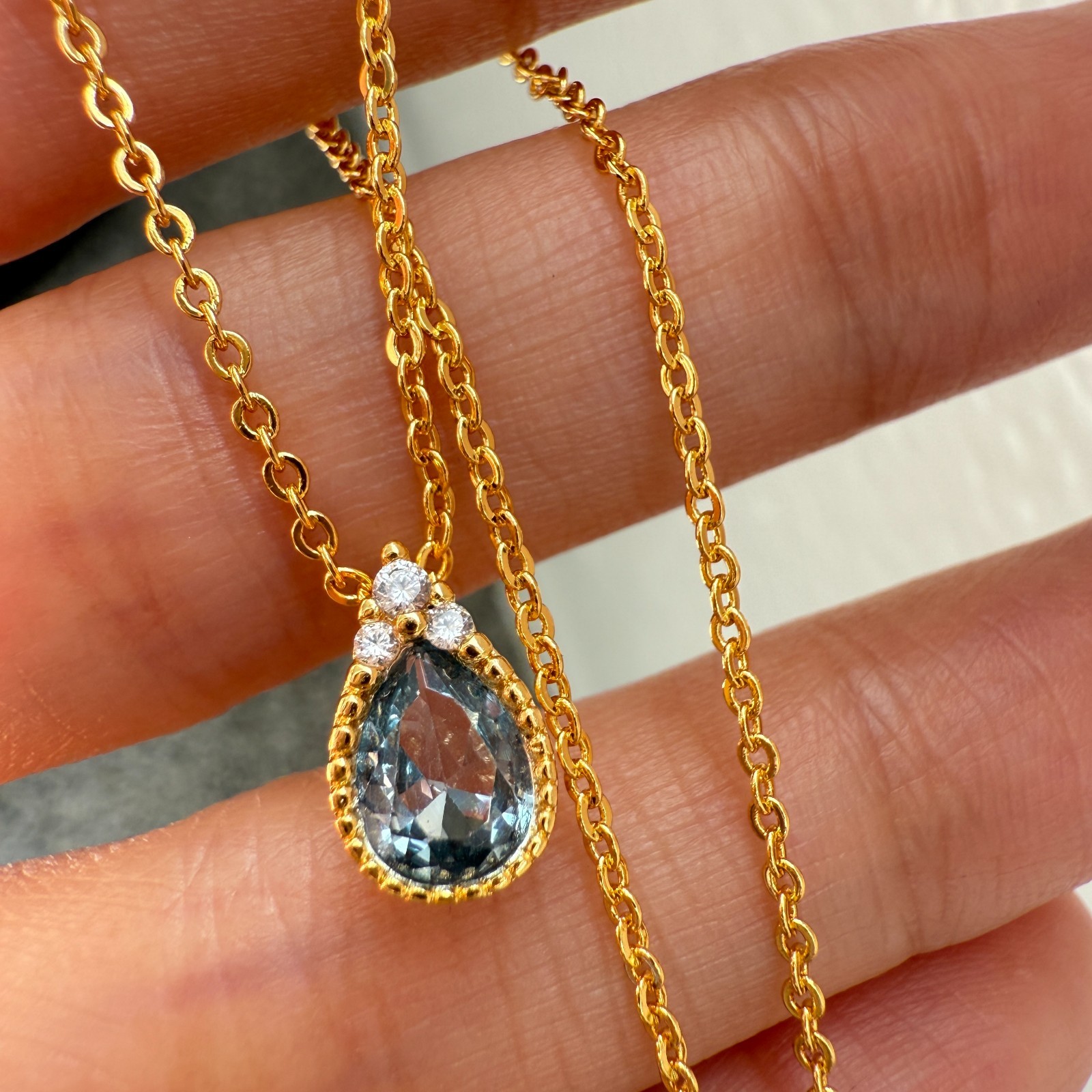 925 Sterling Silver Necklace 8x6mm Natural Aquamarine Zircon 14K Gold Plated NEW