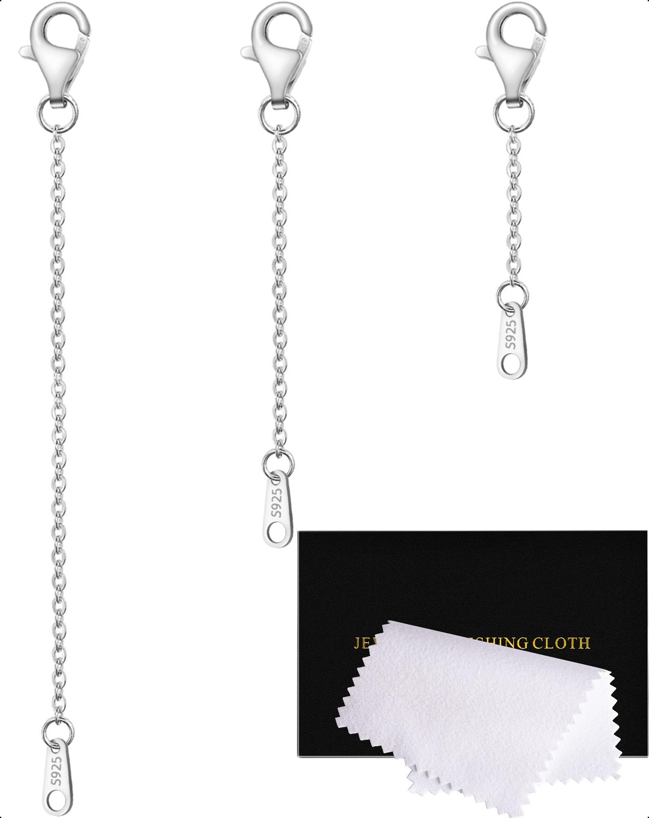 3 Pcs 925 Sterling Silver Necklace Chain Extenders for Bracelet, 1/2/3 Inch