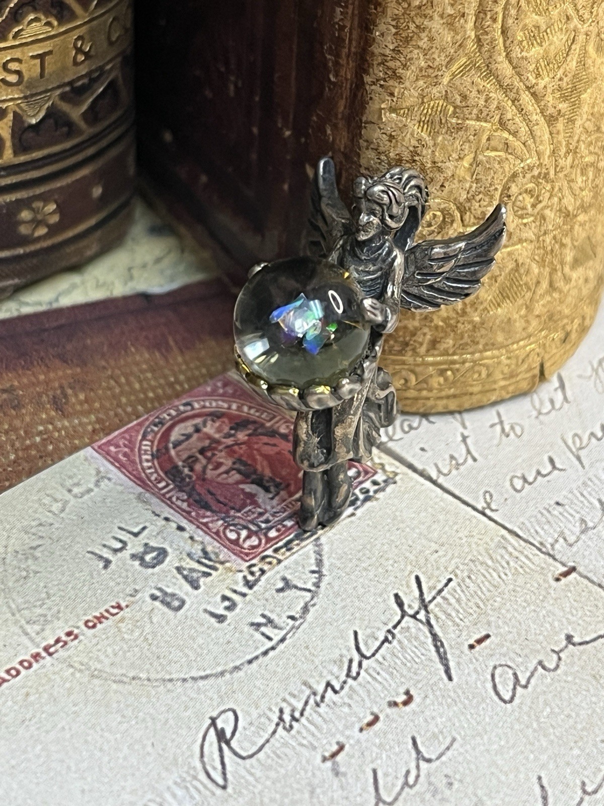 Sterling Silver Angel & Opal Pendant Charm V1899