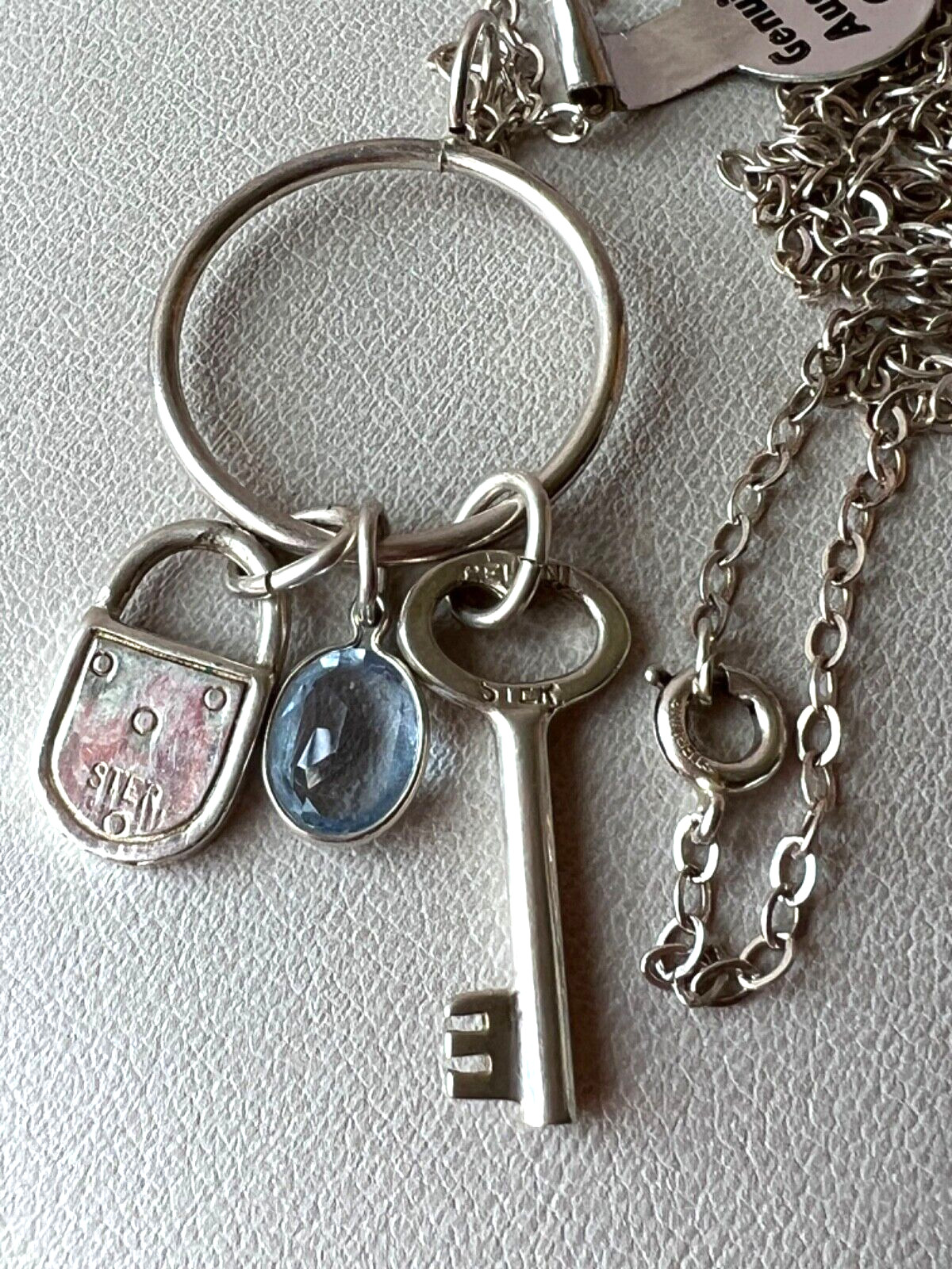 KEY, LOCK, BLUE CRYSTAL LARIAT PENDANT NECKLACE LONG CHAIN 925 STERLING SILVER