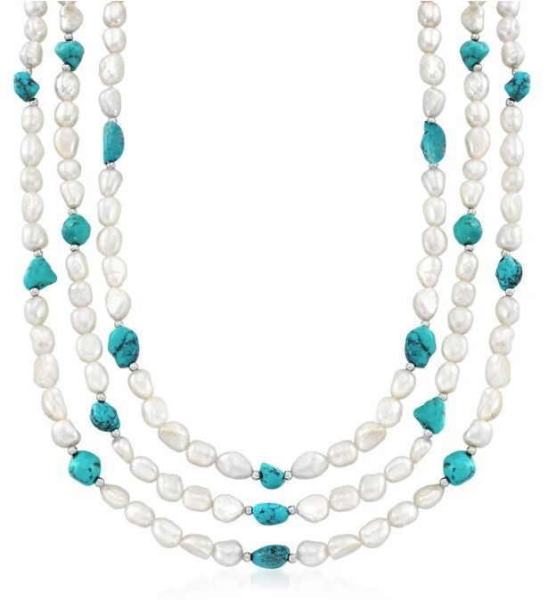 7.5-8.5mm Cultured Pearl and 7-9mm Turquoise Bead Endless Necklace