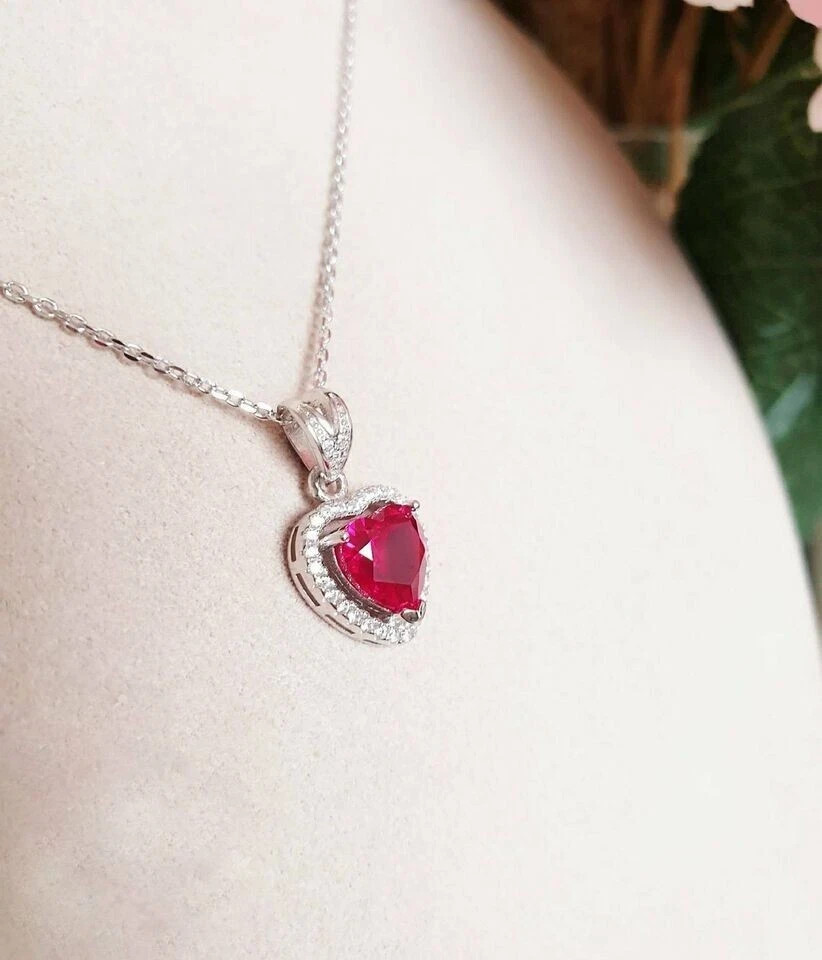 3CT Halo Pink Ruby & Diamond Heart Pendant With Free Chain 14K White Gold Finish