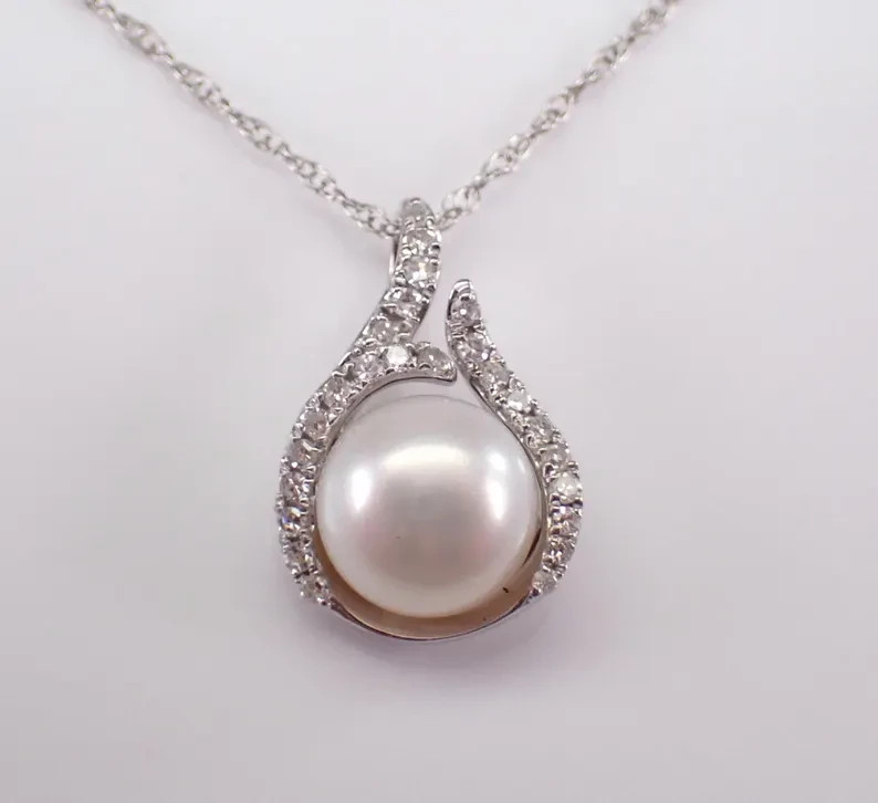 14K White Gold Plated 3.10Ctw Round Cut Natural Pearl Drop Pendant Free Chain