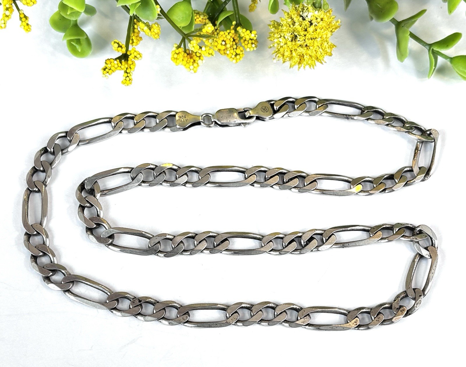 Vtg Sterling Silver 925 SA Italy Figaro Link 7.5mm Wide Chain Necklace 20” Long