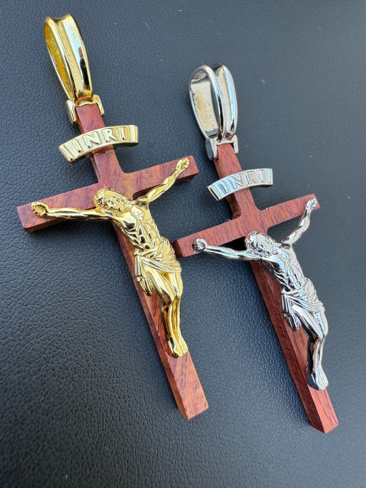 Mens Real 925 Silver & Red Cherry Walnut Wood Jesus On Cross Pendant Necklace 2″