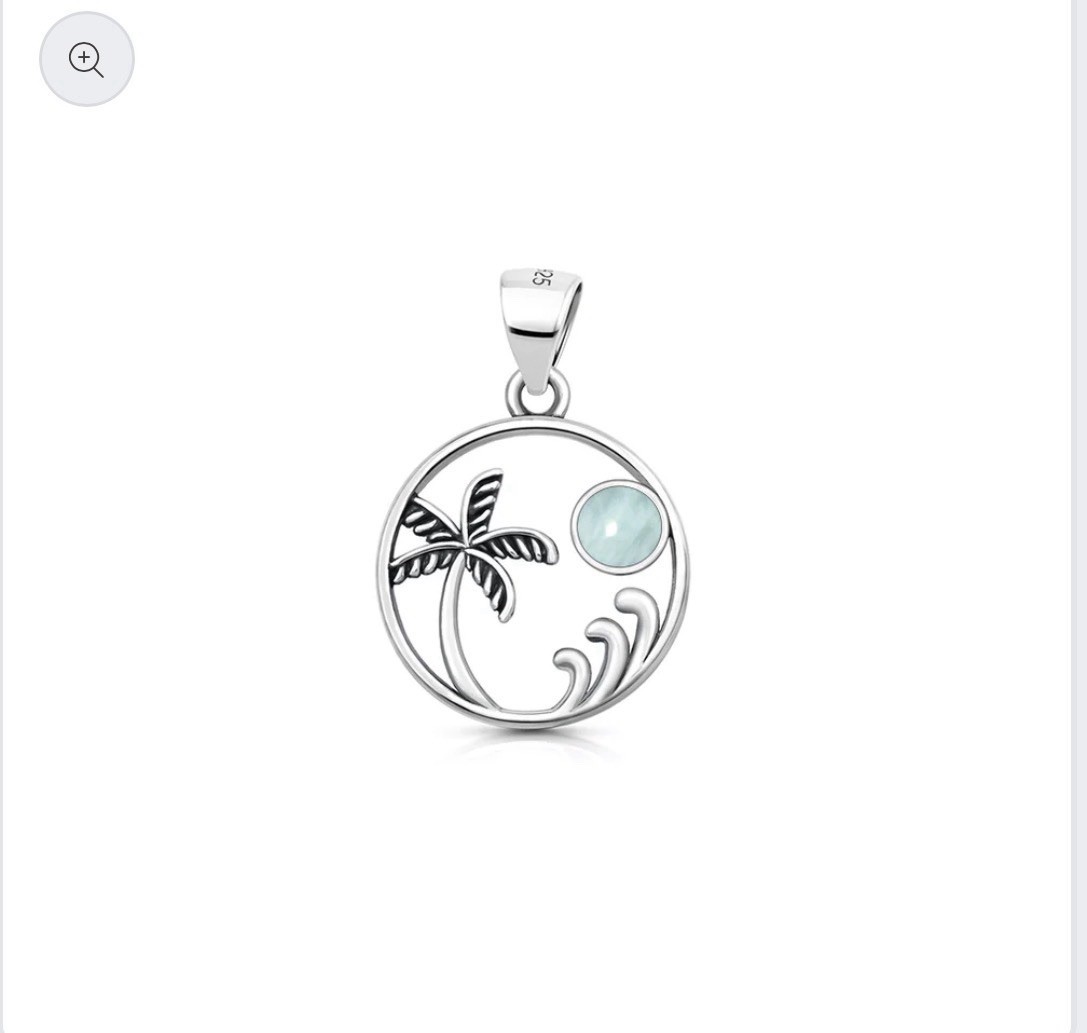 Sterling Silver Beach Palm Tree & Wave With Genuine Larimar Stone Pendant 🌴🌊🩵