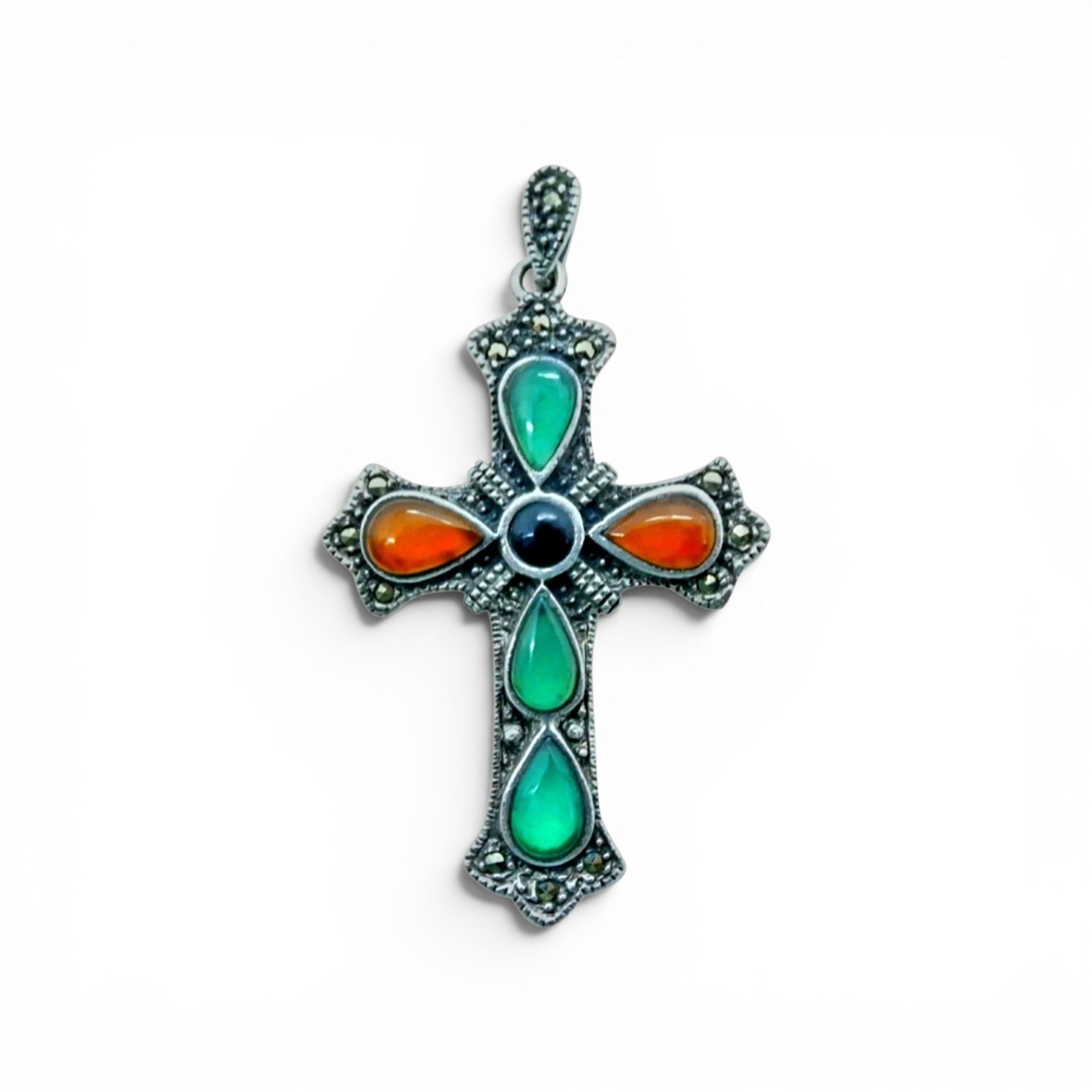 Sterling Silver Gemstone & Marcasite Cross, Maker’s Mark “HC”