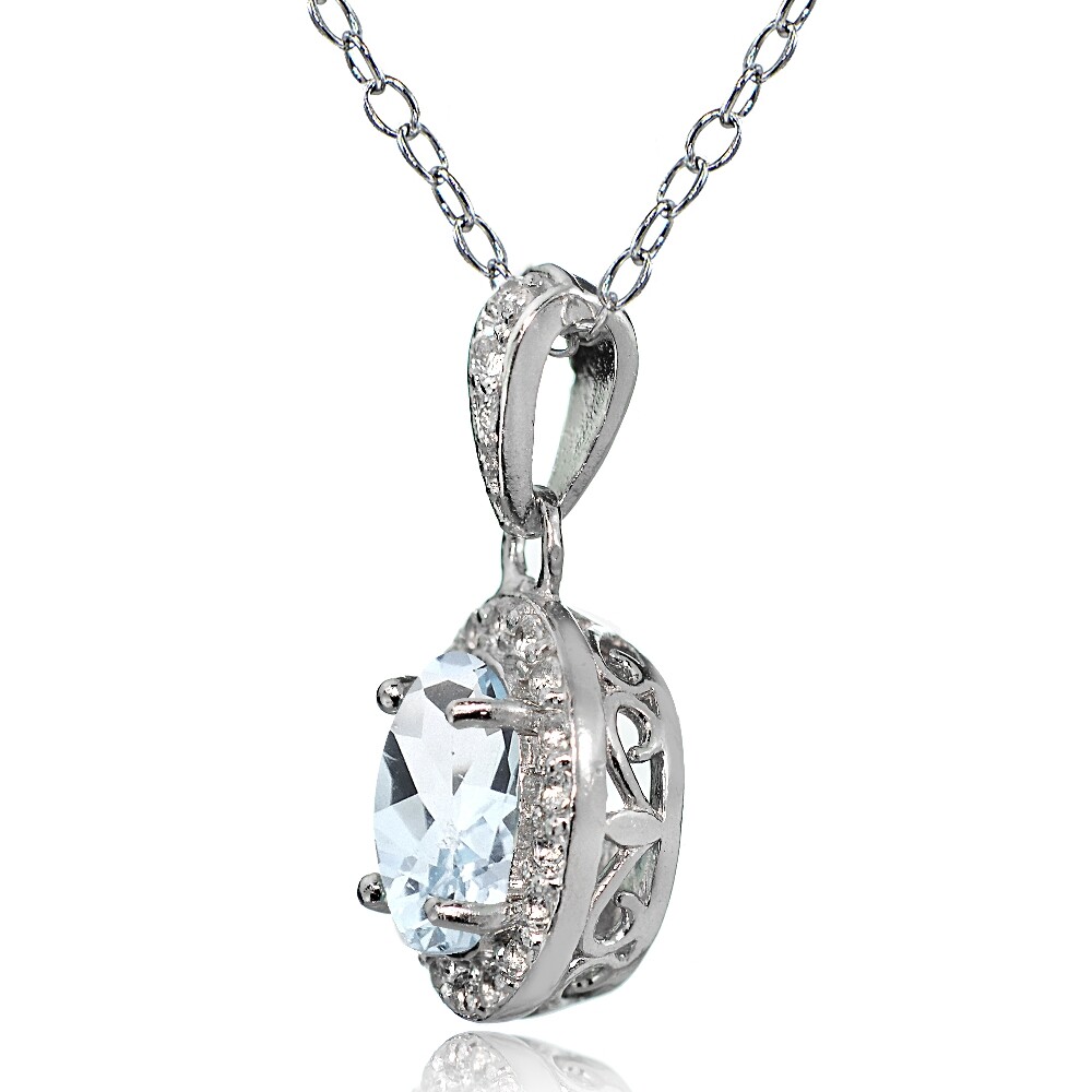 Sterling Silver Very Light Aquamarine and White Topaz Oval Halo Necklace
