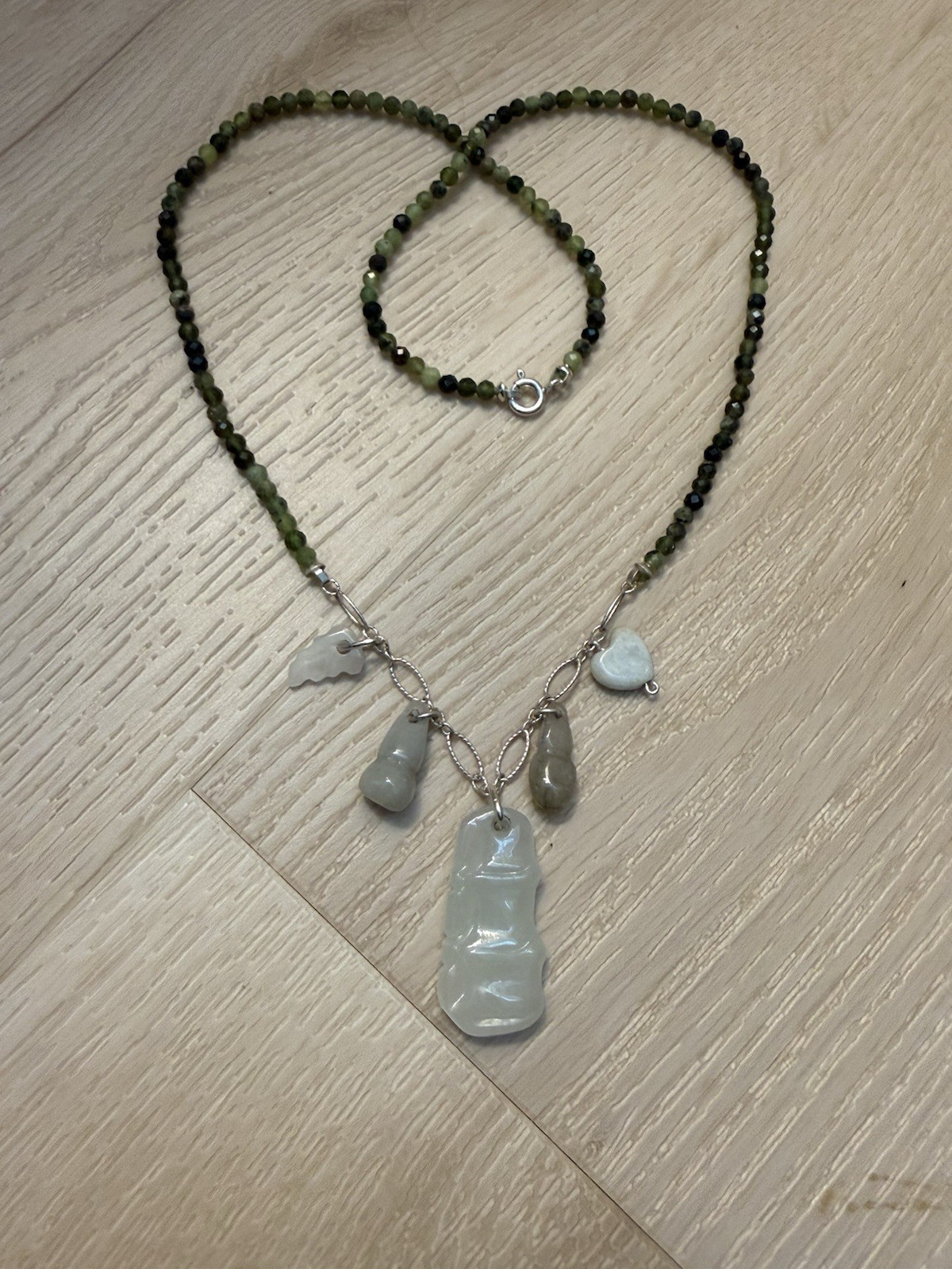 Sterling Silver Serpentine Bead Necklace With Jade Charms 18”