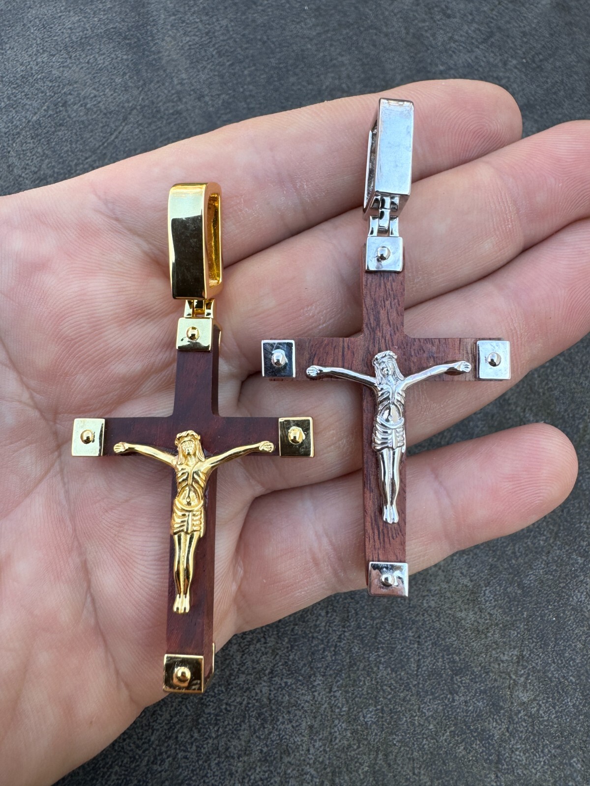 Plain Real 925 Silver & Natural Wood Jesus Cross Pendant Necklace ITALY Handmade