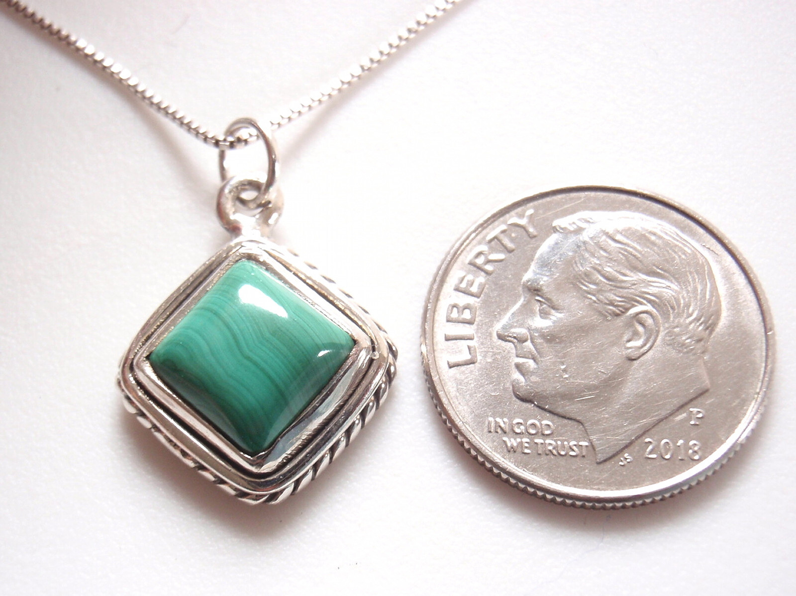 Malachite Square 925 Sterling Silver Pendant Embellished w/ Rope Style Accents