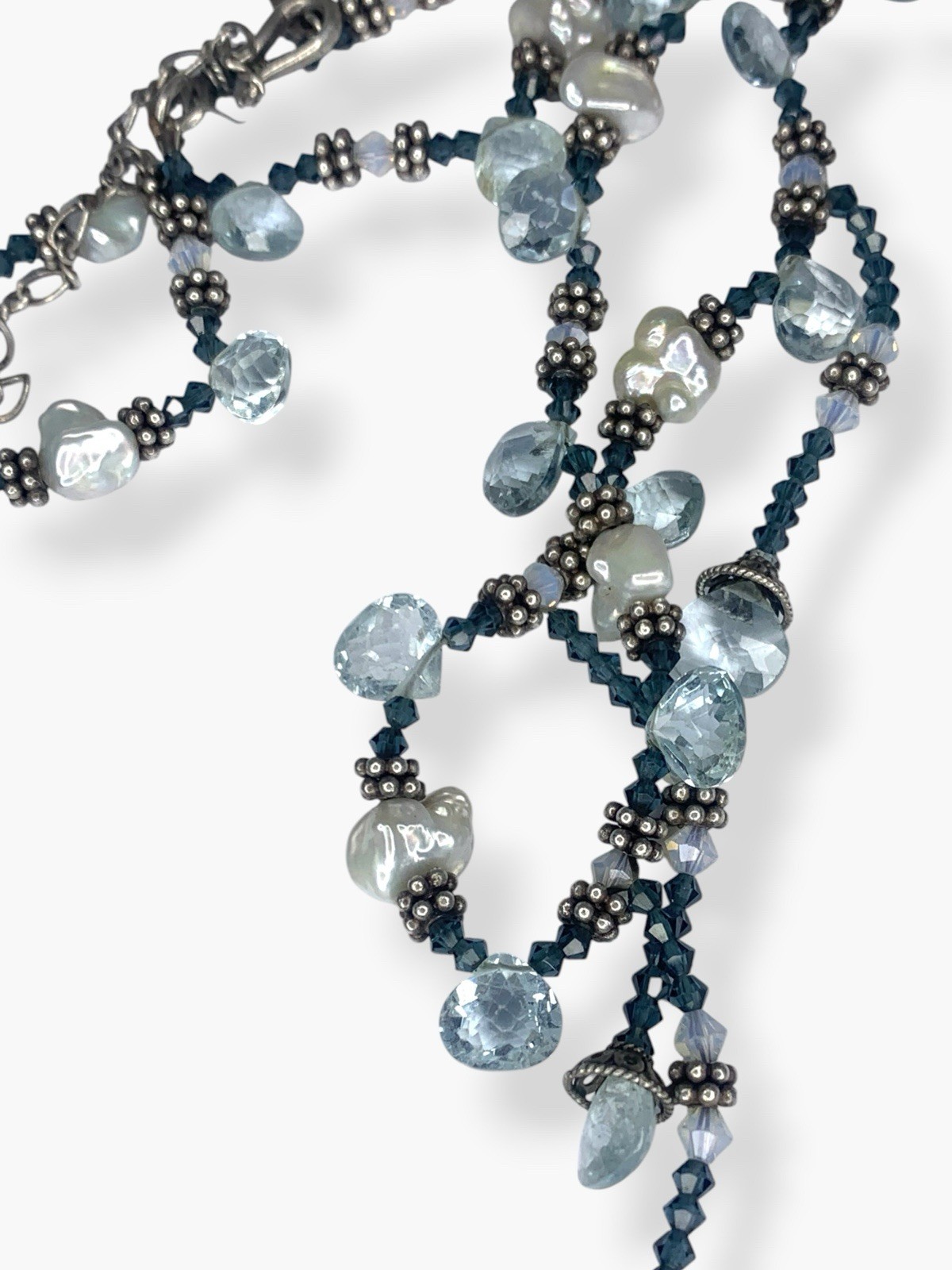 925 Sterling Silver Baroque Pearl Briolette Gemstone Fringe Beaded Necklace 32in