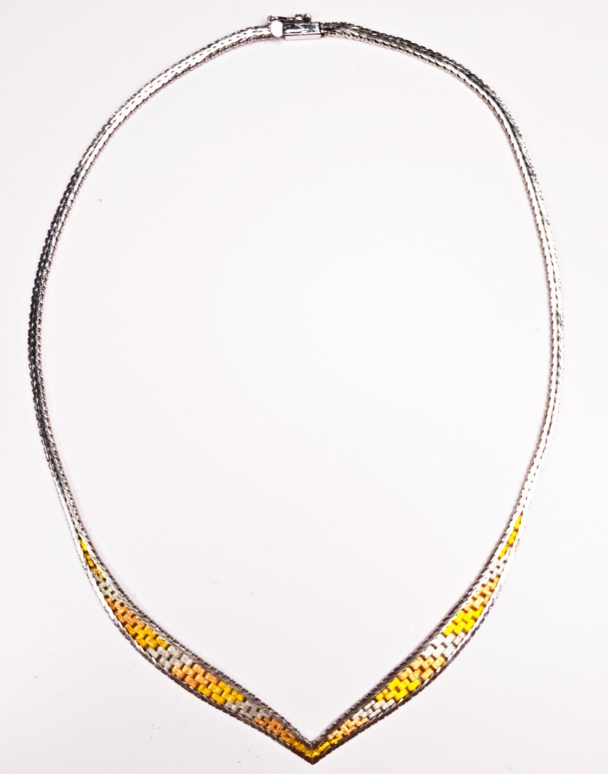 925 Italy Sterling Silver Tri Color Woven V Necklace 16″ Box Clasp 11.88g