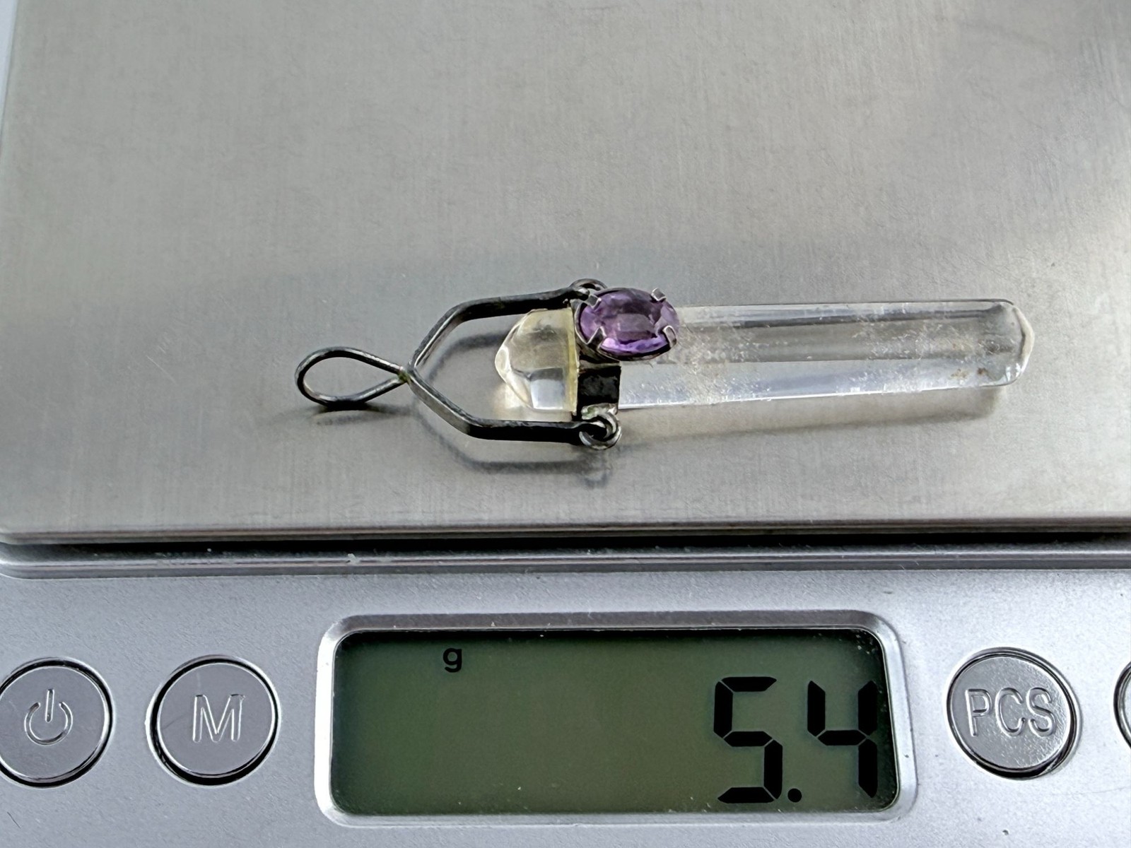 Sterling Silver Quartz Point with Amethyst Accent Pendant 5.4g 2 1/8 Inches