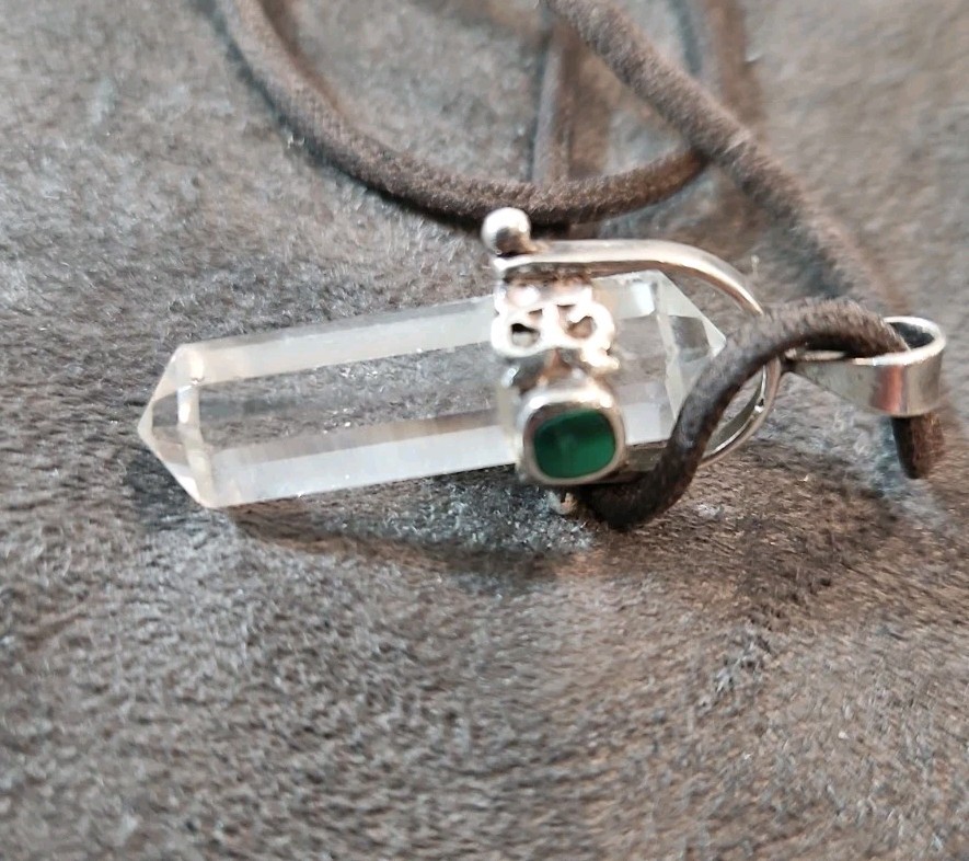 Quartz Point In Sterling Silver Healing Crystal Pendant Faceted Inset Malachite