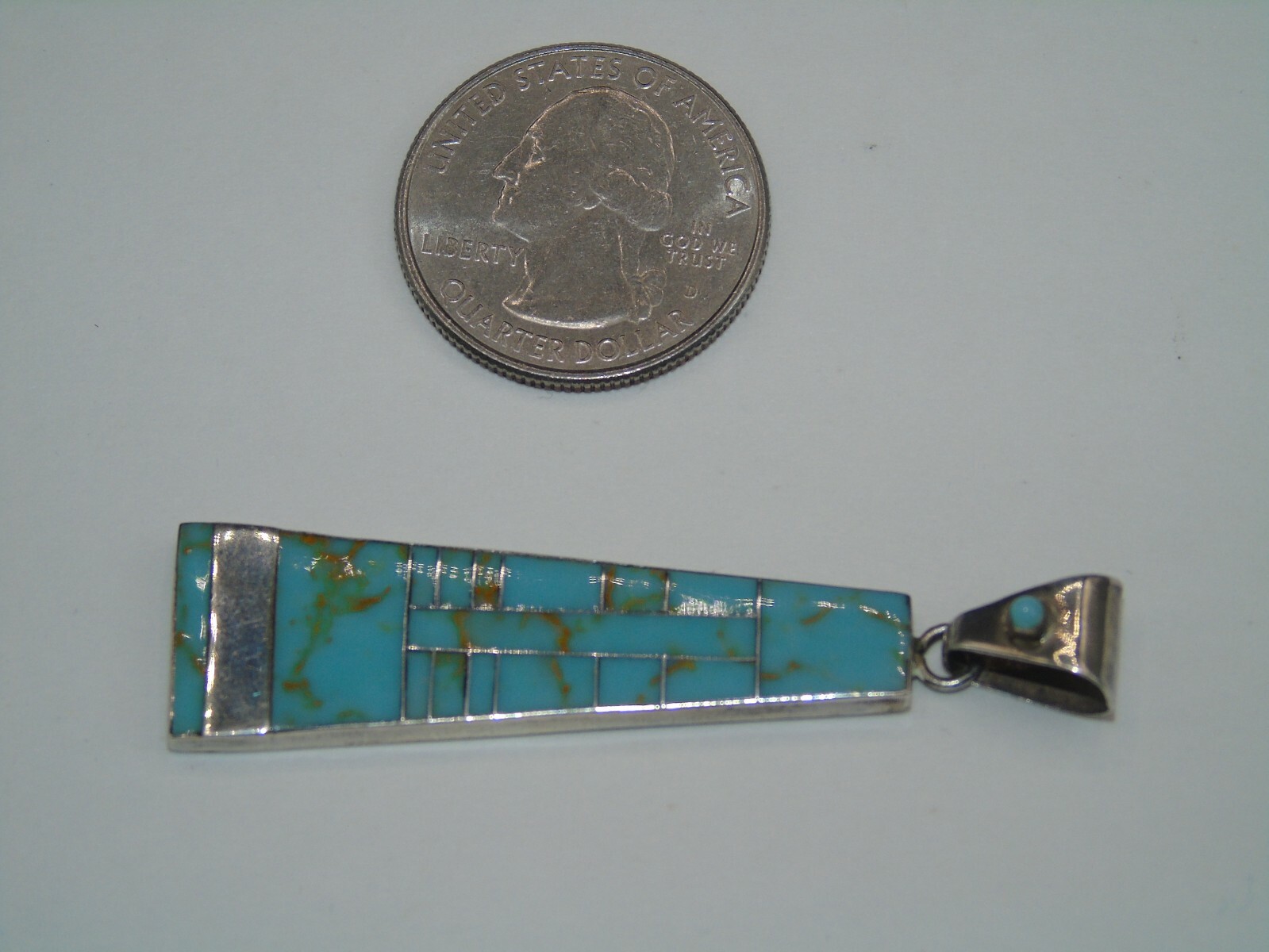 STERLING SILVER & TURQUOISE INLAY PENDANT IN PRE-OWNED VERY GOOD SHAPE