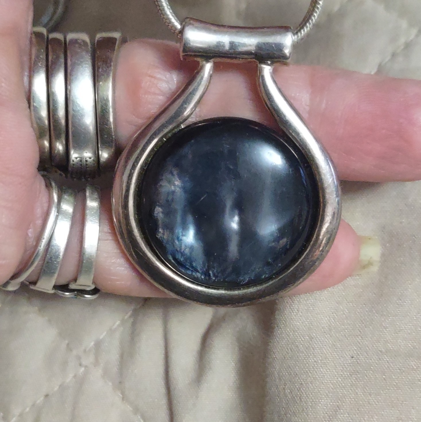 Silver 925 Adjustable Snake Chain Necklace Round Blue Bezel Pendant