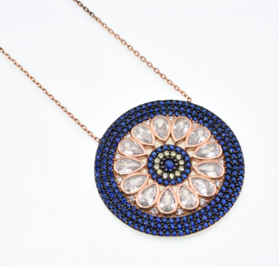 Evil Eye Crystal Pendant in Sterling Silver (Rose Gold Plated) – 16 to 17″