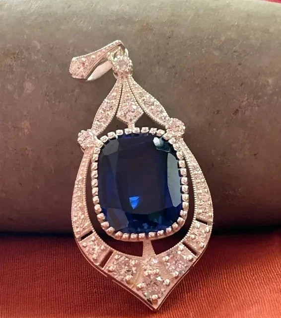 Vintage Art Deco Style Pendant Lab Created Diamond Sapphire White Gold Plated