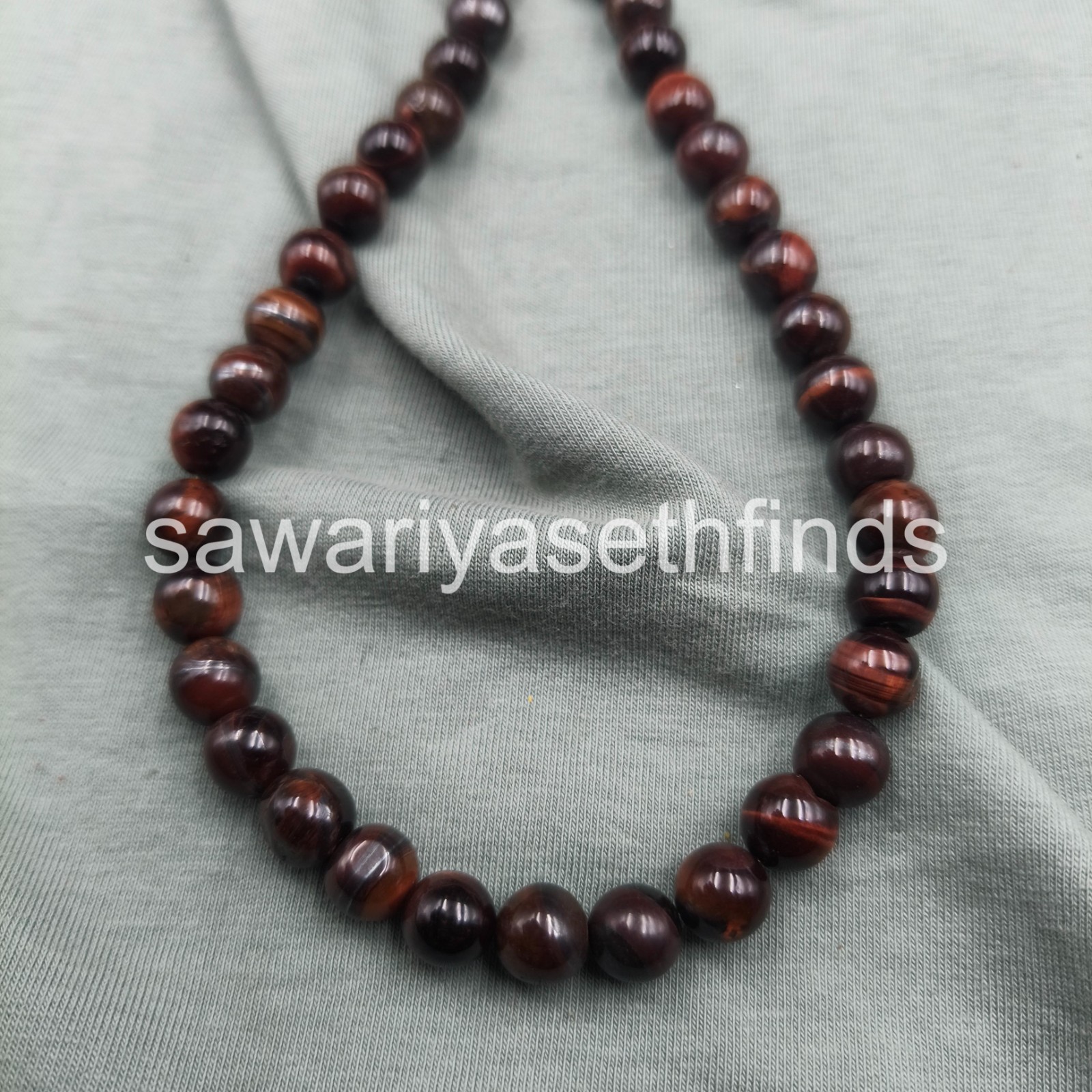 Red Tiger Eye 8mm Smooth Round Necklace, Sterling Silver Clasp, Bold Statement