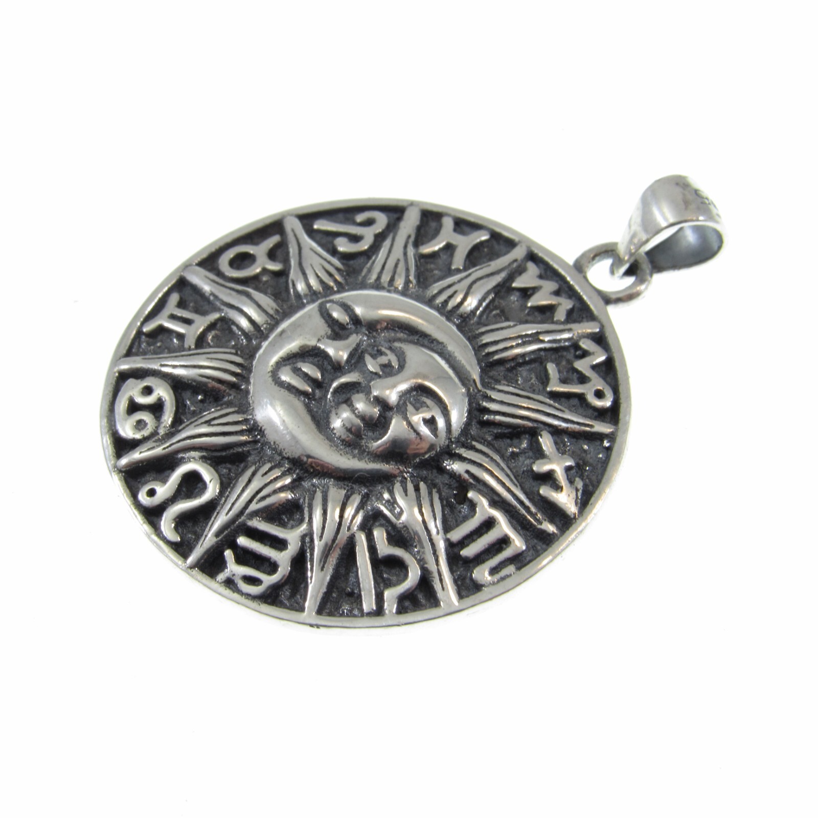 Solid 925 Sterling Silver Zodiac Wheel Moon & Sun Faces w/ Runes Pendant
