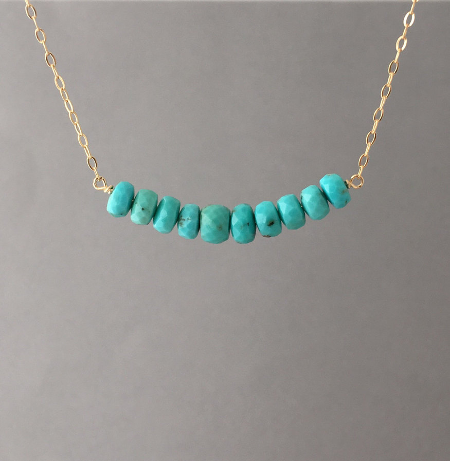 LARGE Turquoise Curved Beaded Necklace Gold Fill Rose Gold or Sterling Silver