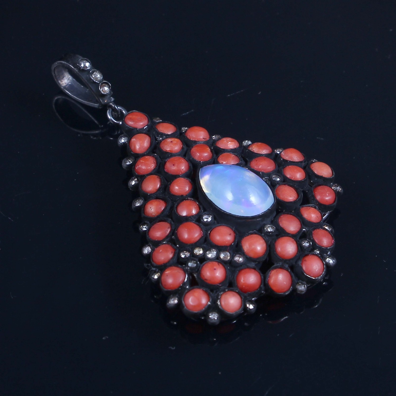 Natural Rose Cut Diamond Coral Opal Pendant Necklace 925 Sterling Silver Handmad