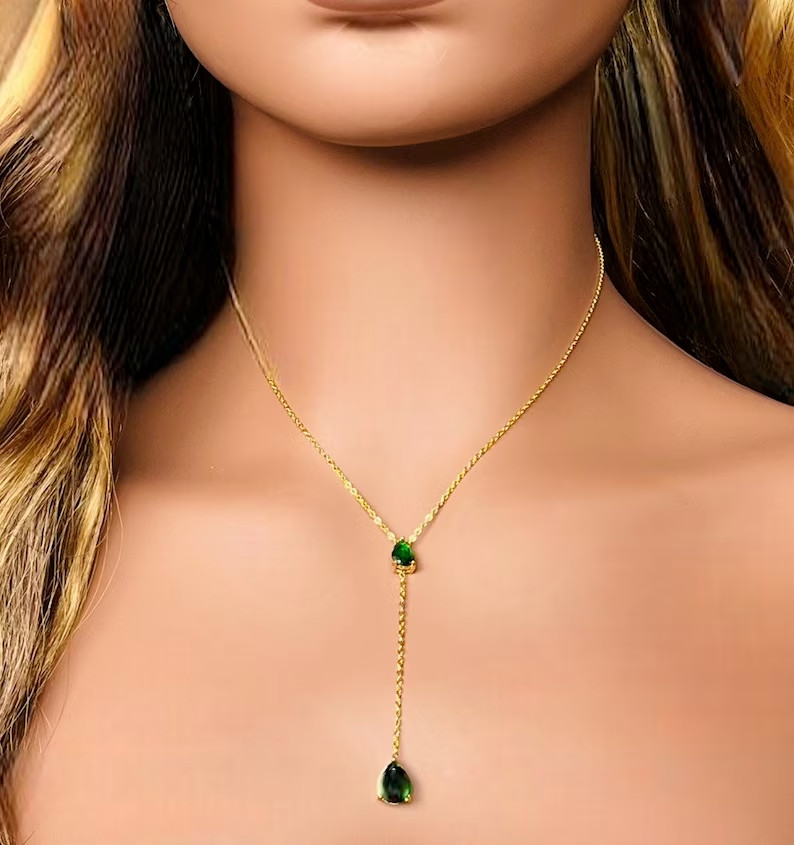 4Ct Pear Lab-Created Green Emerald Lariat Teardrop Necklace 14K Yellow Gold Over