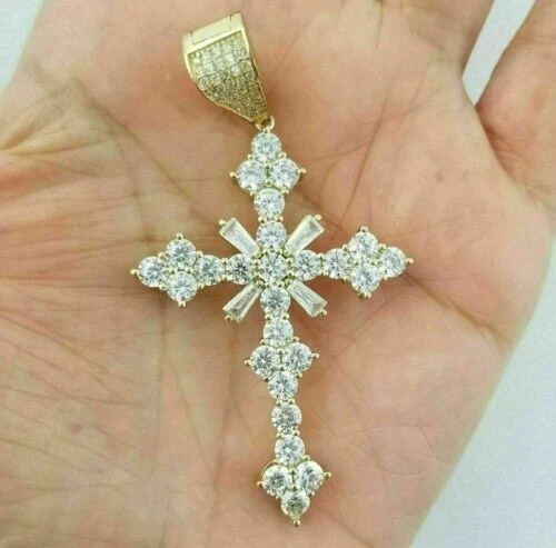 2Ct Round Cut Moissanite Cross Pendant With Free Chain 14k Yellow Gold Plated