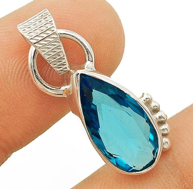 2CT Natural Flawless Blue Topaz 925 Sterling Silver Pendant 1 1/5″ Long @B12-9