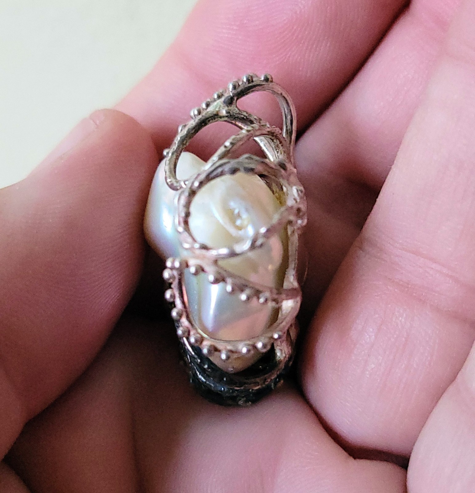 Baroque Pearl Sterling Silver Pendant w Multiple Emeralds 925 Handmade GORGEOUS