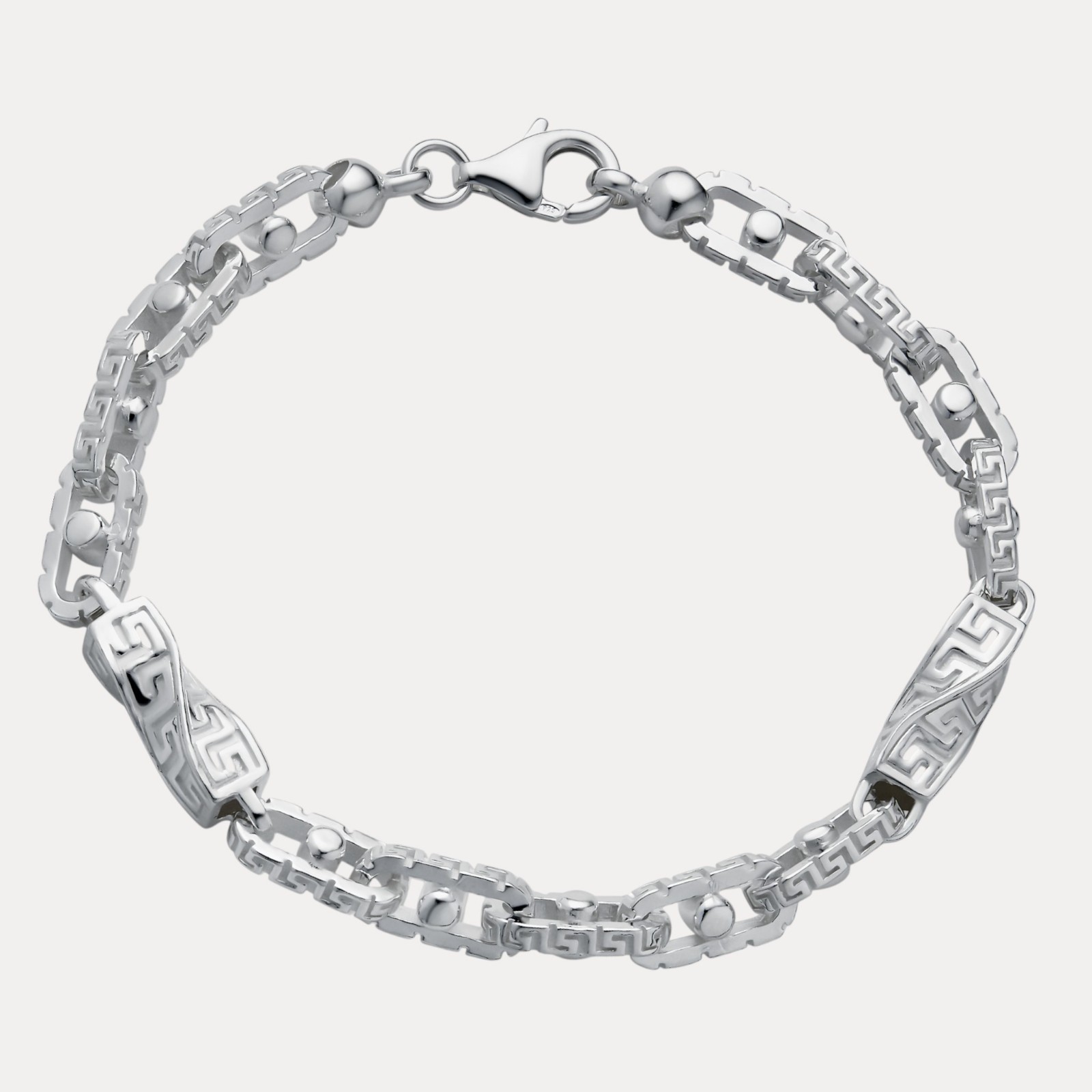 7mm Greek Key Rolo Link Bracelet – Real Solid 925 Sterling Silver MADFE IN ITALY