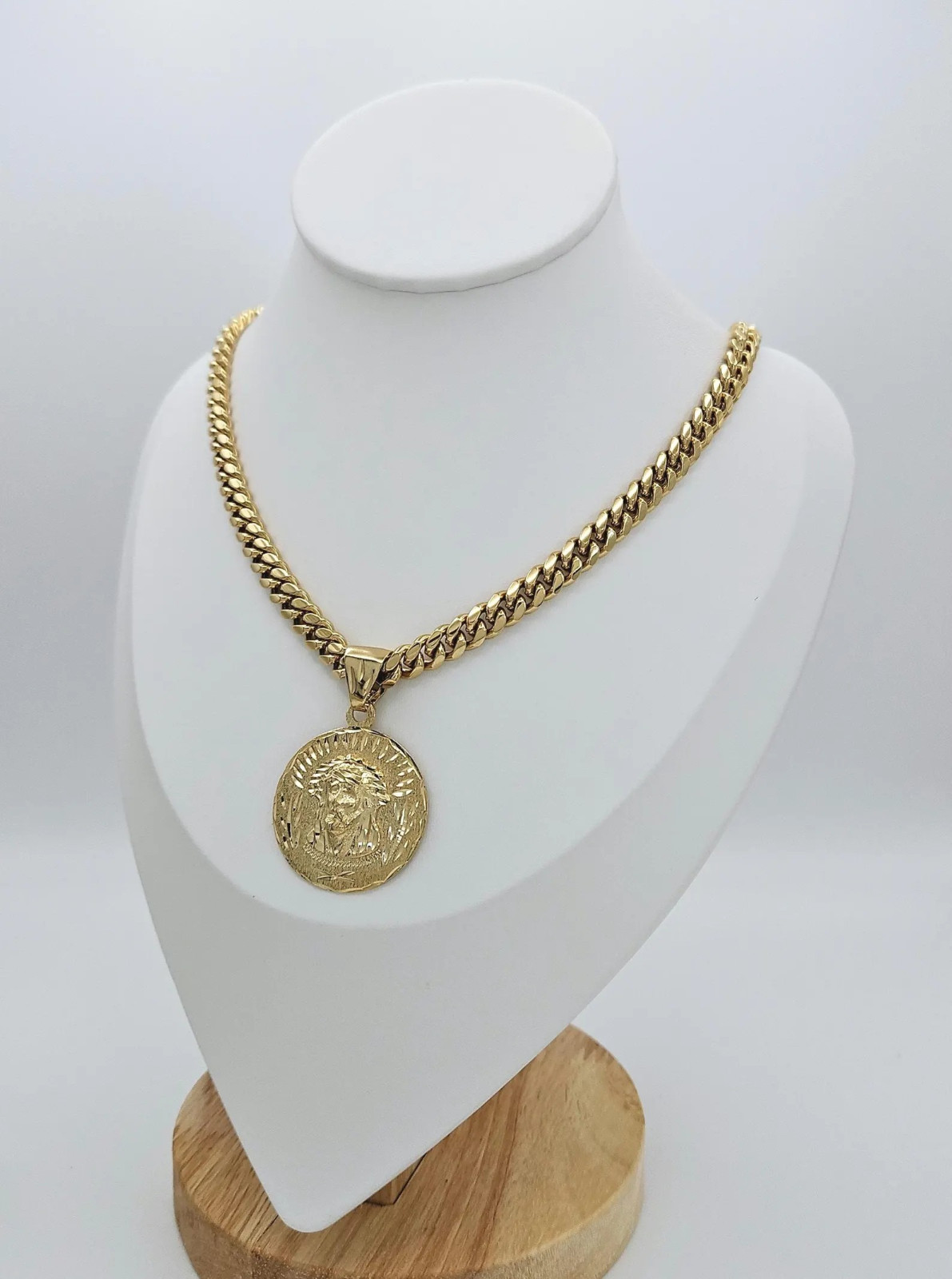 Gold Large Jesus Necklace, 7mm Curb Link, 14k Gold Plated, Waterproof, No Fade