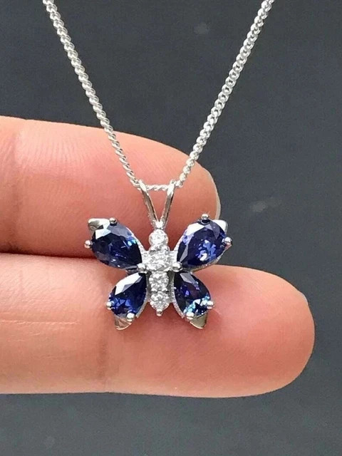 Pear Cut Lab Created Blue Sapphire Women Butterfly Pendant 14k White Gold Plated