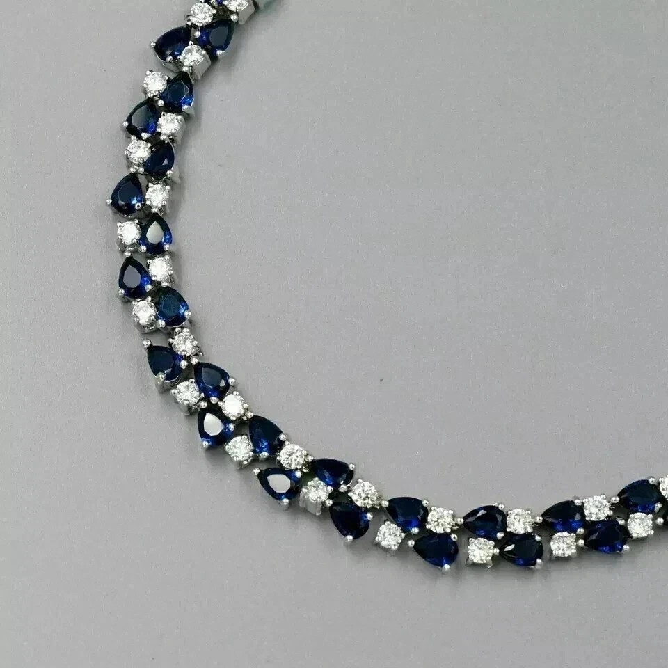 16Ct Pear Cut Lab Created Sapphire Women’s Tennis Necklace 14k White Gold Finish